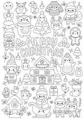 Wall Mural - Vector Christmas vertical line coloring page for kids with cute kawaii characters. Black and white winter holiday illustration with Santa Claus, deer, elf, bear, tree. Funny New Year searching poster.