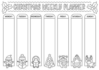 Poster - Vector black and white Christmas weekly planner with traditional holiday symbols. Cute winter line calendar, timetable for kids. New Year coloring page with cute kawaii Santa Claus, snowman