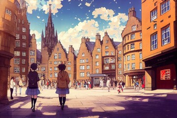 Wall Mural - anime Tourists walking around the capital city This is a famous landmark Edinurgh city centre scotland Uk th 2 , Anime style no watermark