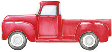 Watercolor Red Truck, Isolated On Transparent Background