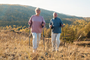 Happy middle age woman and man walking with Scandinavian sticks in autumn forest