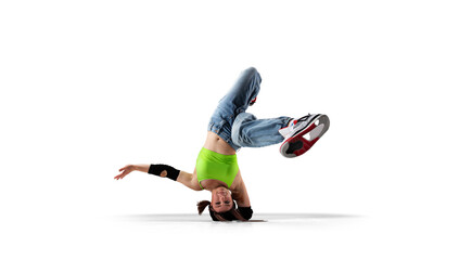 Street dancer girl  dance breakdance isolated on white