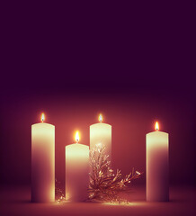 Wall Mural - Four beautiful candles with silver festive branch on red and purple background and copy space, template for birthday, anniversary or celebration or holydays. 3D illustration