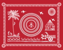Warli Art Of Indian Farming Process, Working In Farm, Living Style In Village, Daily Work With Bull Craft, Coconut Tree, Bull, Dog, Bird And Farmer Vector, Illustration Painting