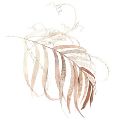 Watercolor floral tropic arrangement. Orange, red, beige dry exotic palm branch, golden dust style leaves and twigs