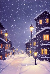 Winter snowy small cozy street with lights in houses, falling snow town night landscape. Winter holidays night time backdrop. Merry Christmas vintage retro illustration background.