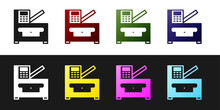 Set Office Multifunction Printer Copy Machine Icon Isolated On Black And White Background. Vector