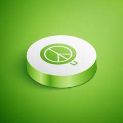 Poster - Isometric Peace icon isolated on green background. Hippie symbol of peace. White circle button. Vector