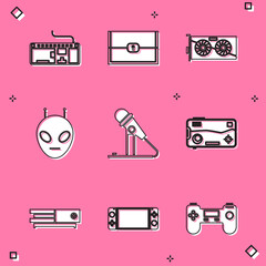 Canvas Print - Set Computer keyboard, Chest for game, Video graphic card, Alien, Microphone, Mobile and playing in, console and Portable video icon. Vector