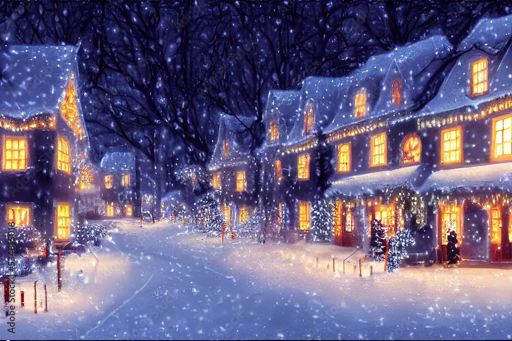 Winter snowy small cozy street with lights in houses, falling snow town ...
