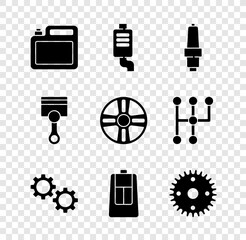 Sticker - Set Canister for motor oil, Car muffler, spark plug, Gear, key with remote, Engine piston and Alloy wheel icon. Vector