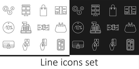 Sticker - Set line Online shopping on phone, Wallet, Paper bag, Cash register machine, Ten discount percent tag, Coin money, Crumpled paper cash and mobile icon. Vector