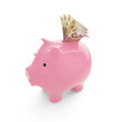 British pound notes inside pink Piggy Bank, money in piggy bank, savings concept, 3d rendering