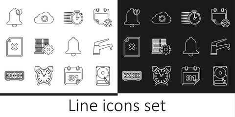 Sticker - Set line Hard disk drive HDD, Water tap, Stopwatch, Server setting, Delete file document, Bell, Ringing bell and Cloud sync refresh icon. Vector