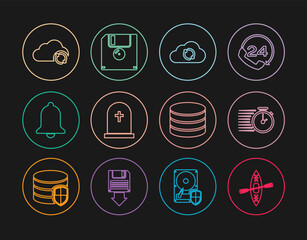 Sticker - Set line Kayak and paddle, Stopwatch, Cloud sync refresh, Tombstone with cross, Ringing bell, Database and Floppy disk icon. Vector