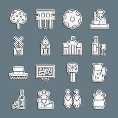 Sticker - Set line Sangria pitcher, Wine bottle with glass, Football ball, Giralda, Windmill, Orange tree and Prado museum icon. Vector