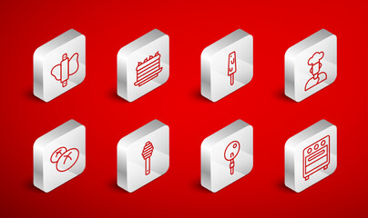 Sticker - Set line Oven, Cake, Ice cream, Cook, Lollipop, Rolling pin on dough, Honey dipper stick and Bread loaf icon. Vector