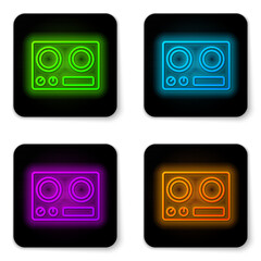 Sticker - Glowing neon line Gas stove icon isolated on white background. Cooktop sign. Hob with four circle burners. Black square button. Vector