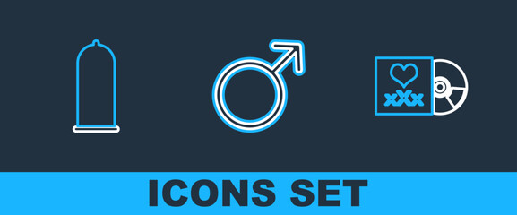 Poster - Set line Disc with inscription Sex, Condom safe sex and Male gender symbol icon. Vector