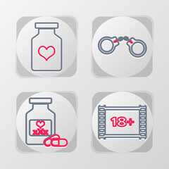 Sticker - Set line Play Video with 18 plus, Bottle pills for potency, Handcuffs and icon. Vector