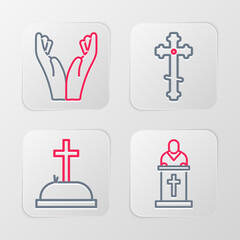 Poster - Set line Church pastor preaching, Tombstone with cross, Christian and Hands praying position icon. Vector