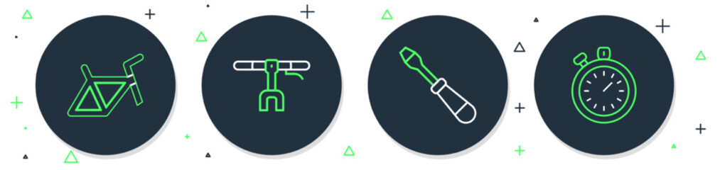 Poster - Set line Bicycle handlebar, Screwdriver, frame and Stopwatch icon. Vector