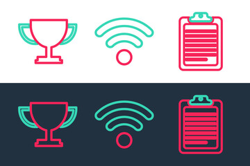 Poster - Set line Clipboard with document, Trophy cup and Wi-Fi wireless network icon. Vector