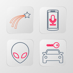 Sticker - Set line Car rental, Alien, Mobile recording and Falling star icon. Vector