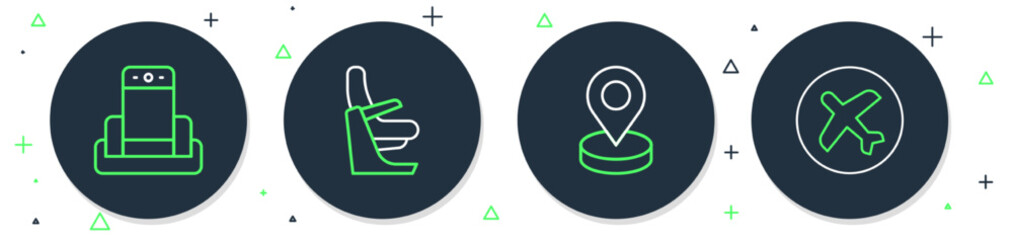 Sticker - Set line Airplane seat, Location, Metal detector in airport and Plane icon. Vector