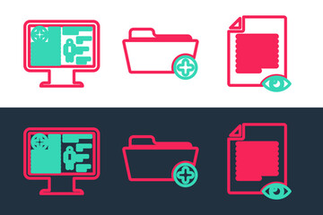 Sticker - Set line Paper page with eye, Clinical record on monitor and Health folder icon. Vector