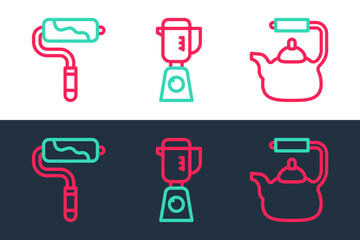 Poster - Set line Kettle with handle, Paint roller brush and Blender icon. Vector