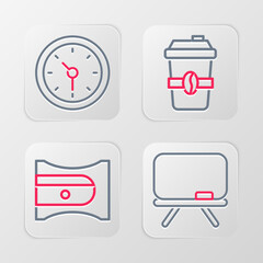 Poster - Set line Chalkboard, Pencil sharpener, Coffee cup to go and Clock icon. Vector