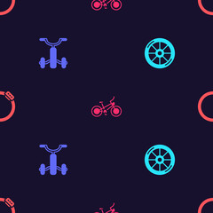 Sticker - Set Bicycle wheel, for kids, and brake disc on seamless pattern. Vector