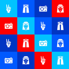 Sticker - Set Peace symbol, Jeans wide, Photo camera and Hippie girl icon. Vector