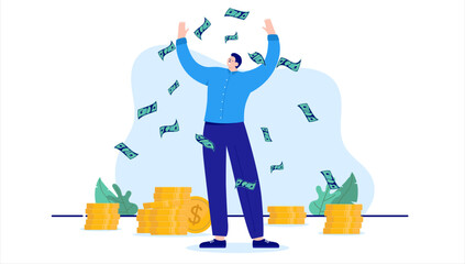 Leinwandbilder - Rich person - Vector illustration of man making lots of money throwing cash in air and coins on floor. Big income and salary concept. Flat design with white background
