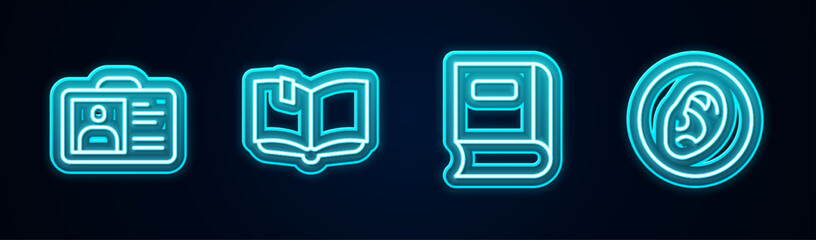 Sticker - Set line Identification badge, Open book, Book and Ear listen sound signal. Glowing neon icon. Vector