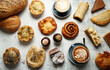 © Austockphoto - Flat lay of pastries and breads and coffee
