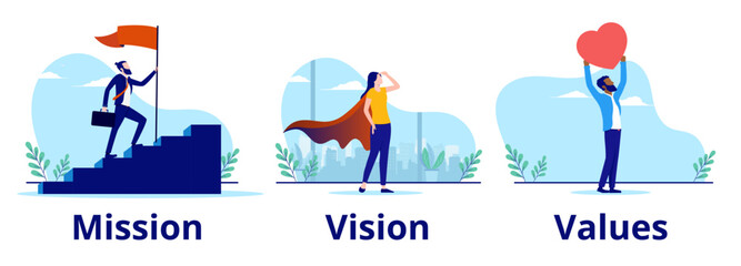 Leinwandbilder - Mission vision and values vector set - Three business strategy illustrations of businesspeople, running up stairs, scouting and holding heart. Flat design vector illustration with white background