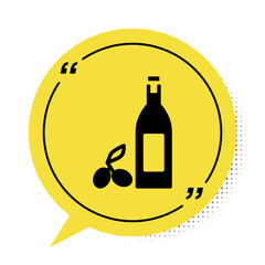 Sticker - Black Bottle of olive oil icon isolated on white background. Jug with olive oil icon. Yellow speech bubble symbol. Vector