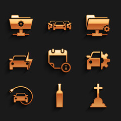 Poster - Set Calendar and clock, Bottle of wine, Tombstone with cross, Car service, Electric car and icon. Vector