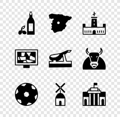 Wall Mural - Set Bottle of olive oil, Map Spain, Montjuic castle, Football ball, Windmill, Prado museum, Picture art and Spanish jamon icon. Vector