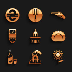 Sticker - Set Church building, Ukrainian cossack, Sunflower, Dumplings, Vodka with pepper and glass, Vintage pistols and hryvnia icon. Vector