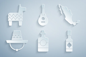 Sticker - Set Tequila bottle, Map of mexican, Mexican sombrero, Tabasco sauce, guitar and Pinata icon. Vector