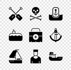 Canvas Print - Set Paddle, Skull on crossbones, Location with anchor, Yacht sailboat, Sailor captain, Cargo ship, Submarine and First aid kit icon. Vector