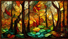 Spectacular Autumn Season Abstract Pattern In Mosaic Glass Background Features With Yellow Forest Landscape And Sky. Digital Art 3D Illustration.