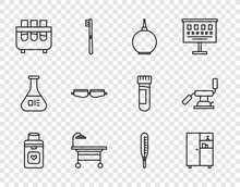 Set Line Organ Container, Medicine Cabinet, Enema, Operating Table, Test Tube And Flask, Safety Goggle Glasses, Medical Thermometer And Dental Chair Icon. Vector