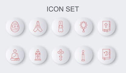 Set line Holy book of Koran, Buddhist monk, Priest, Burning candle, Easter egg, Hands praying position, Church pastor preaching and Christian cross icon. Vector