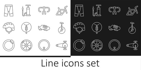 Set line Bicycle chain with gear, Unicycle or one wheel bicycle, handlebar, helmet, Cycling shorts, shoes and air pump icon. Vector