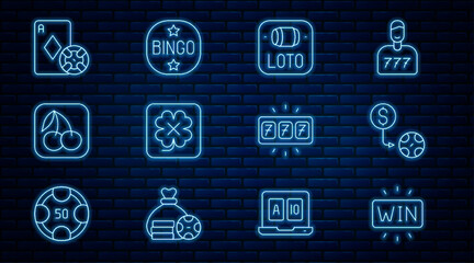 Wall Mural - Set line Casino win, chips exchange, Lottery ticket, slot machine, Slot with cherry, and playing cards, jackpot and Bingo icon. Vector