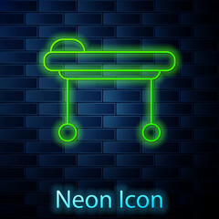 Sticker - Glowing neon line Stretcher icon isolated on brick wall background. Patient hospital medical stretcher. Vector Illustration